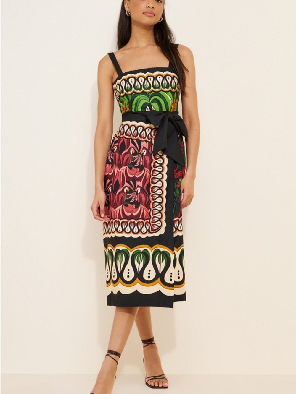 FARM Rio Green Black Pink Multi-Print Tie-Waist Midi Dress